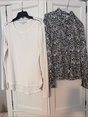 Two Tops - White Ribbed Long Sleeve Top & Black-White Floral Button Shirt